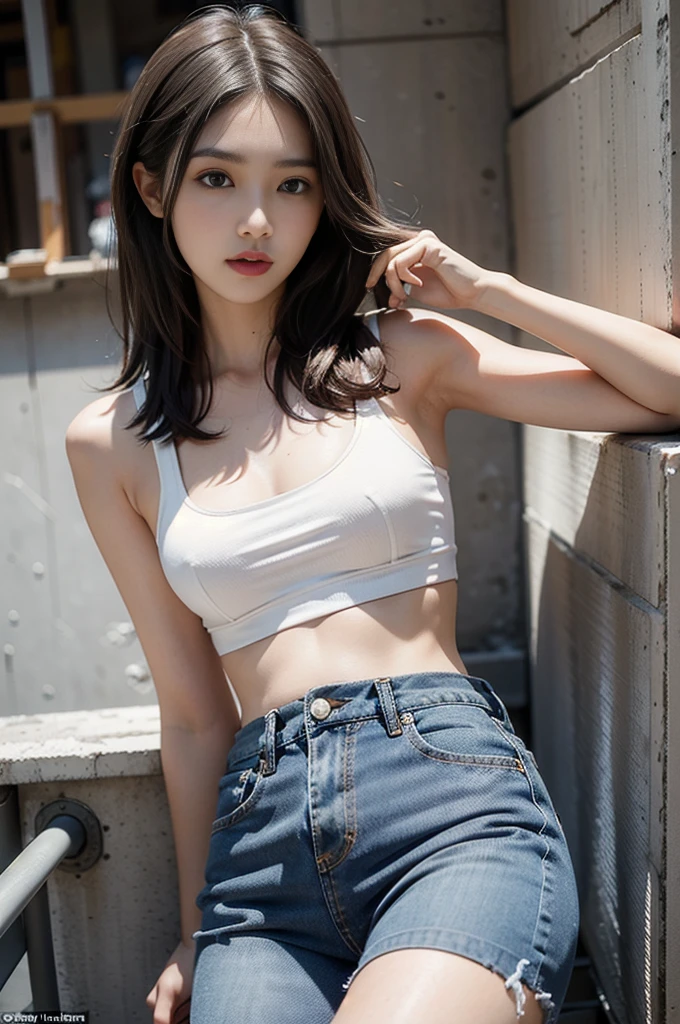 Girl in white bra and tight denim skirt posing for photo, full body, with cropped T-shirt, bra, slim body, smaller bust, slim girl model, 24-year-old female model, lying on the construction site, a group of black men onlooking