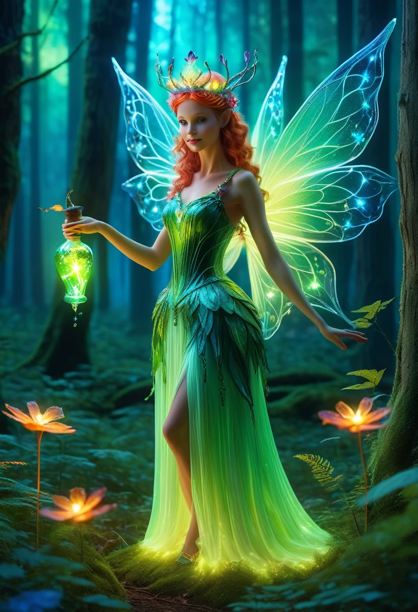best quality,4K,8k,HD,masterpiece:1.2,Super detailed,lifelike:1.37,flashing lights,EnchantingForest,Magical atmosphere,charming scenery,colorful,(Glowing fairy,queen of the forest,Charming witches,Careful casting,French formation),Cute fawn,glow,fluorescence,Wand casting,Bottle filled with glow liquid,ethereal atmosphere