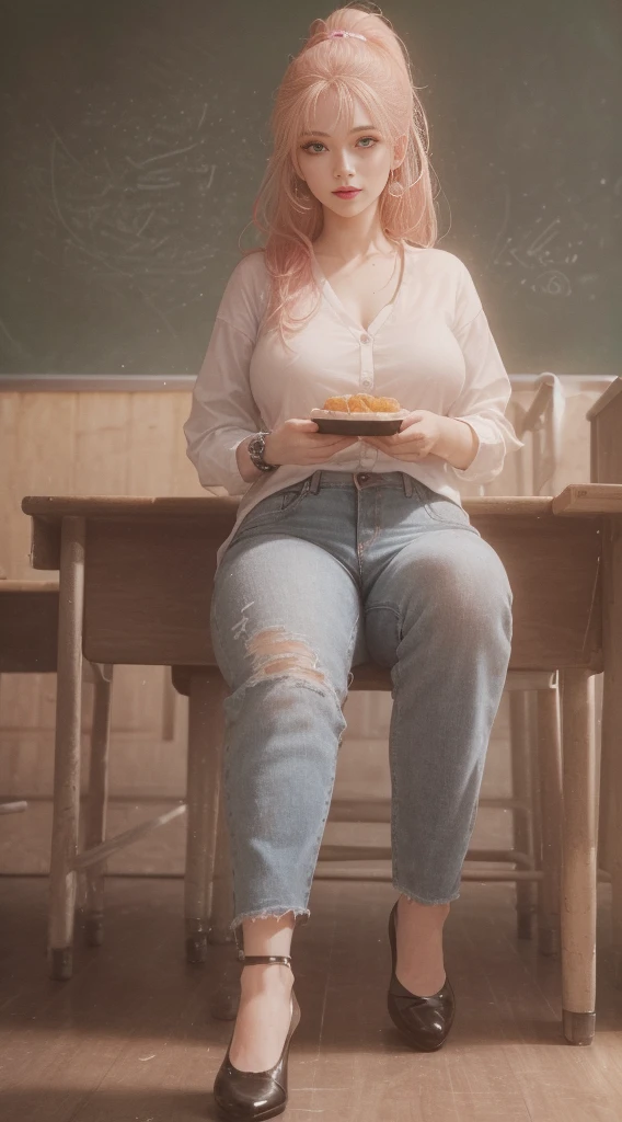 ((masterpiece, Best Quality, high resolution, Perfect Pixel, 8K))), ((1 girl、full body seen))、 ((Bangs、gorgeous pink hairs、ponytail、Rebecca from onepiece anime、two long hairs on side))、((Gorgeous eyes、Beautiful eyelashes、Realistic eyes))、 ((Detailed face, Blushing:1.2))、((Smooth texture:0.75, Realistic texture:0.65, Photorealistic:1.1))、Dynamic Angle、Perfect body、(perfectly insanely detailed eyes、Holding the handbag perfectly、playing with hairs、pink cheeks、((wearing a white shirt、black cardigan、long jeans、handbag、wearing a watch on left hand、earrings、in classroom、University blackboard、happy face、sitting and talking to audience happily、legs crossed、gorgeously legs crossed、eating candy))、mouth open、ultra realistic eyes、ultra insanely detailed eyes、talking to audience、beautiful black heels、(beautiful portrait、very High quality、ultra high definition、 insanely detailed face、ultra high quality、ultra high clarity)、insanely detailed dress、curvy body、white skin、best clarity、ultra highest resolution、8k resolution、beautiful smile、beautiful eyelashes、gorgeous face、gorgeous representation of a face、perfect body、erotic look on face、dynamic lightning、(innocent_big_eyes:1.0)、Bright_Front_face_Lighting、shiny skin、bokeh:1.2、Full body shot、professional photograph、textured leather,big hips,big breasts.