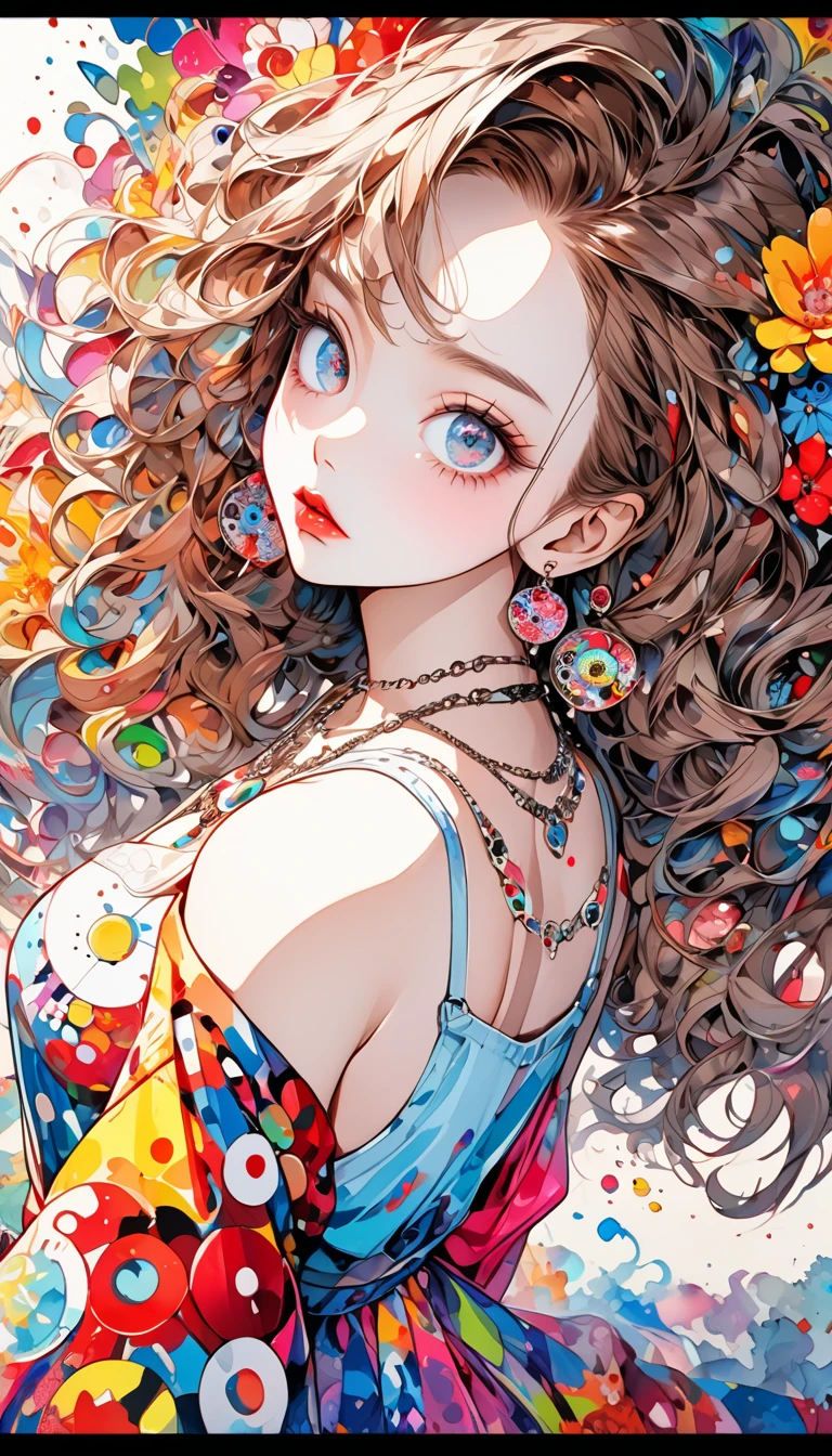 Takashi Murakami style, 8K quality, intense watercolor painting, detailed watercolor painting, watercolor splash, surreal, avant-garde pop art, beautiful and expressive painting, beautiful artwork illustration, very colorful tones, amazing, cool Beauty Quality, Top Quality, Official Art, Stylish Design, ((Most Beautiful Woman Ever)), (((Best Quality))), HDR, ((Details)), (((Doodle Art)), ( ( Masterpiece)), ((Super detailed)), ( (Delicate eyes, Best eyes, Beautiful eyes, Big eyes)) (((Colorful flowers))), (Brown hair, Shiny hair, Beautiful hair, Volume (with beautiful hair), (beautiful lips, protruding lips) (beautiful back, beautiful buttocks), ( (in underwear) ) (((earrings, necklace, many accessories))), (((Angle from above, looking from above) , looking at camera, mouth slightly open)))