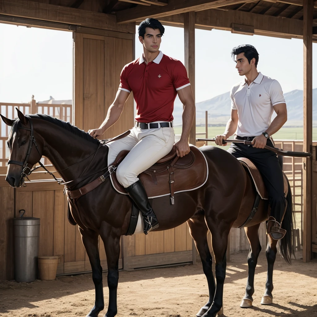 A tall 27 year old man in a red and white long sleve polo shirt and white ridding pants and knee length black boots. Holding a black horse by the harness with his left hand. He has black hair, brown eyes and light tan skin. He is muscular, athletic, and strong. In the background is a
a stable is a building in which livestock, especially horses, are kept.