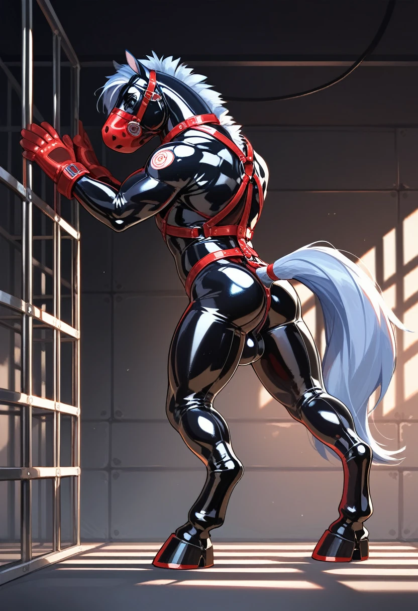 Highest quality, Highest quality, High quality illustrations, masterpiece, Ultra-high resolution, Detailed Background, Jail, Absurd, Perfect Anatomy, performance, Good lighting, Shadows in the movies(kemono, Furry Personifi猫ion), horse, Muscle Body, Rubber Suit, latex, neon, neonライト, neonカラー, Bodysuits, Cyber Suit, Mech Suit, cyber punk, Red harness, Rubber mask, Hoof Gloves, big null bulge, From the side