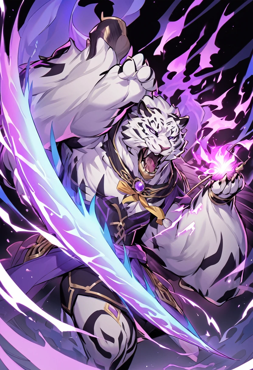 Kato - 400 y.o. familiar. Kato is a familiar - magical animal, that can use magic for his own protection and safety. His powers shows in ability to cast a special kind of cursed flames, coloured in purple. He also can use a special kind of power curse, called binding vow. In that case, Kato becomes quite bigger and stronger, taking a form of a saber-toothed tiger, with his mouth exhaling two lines of purple fire on the sides.