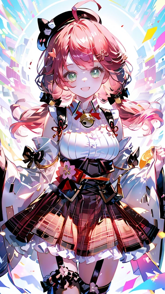 (Ultra-high resolution,masterpiece, Attention to detail, Highest quality), 8k,(miko2, sakura miko, 1girl, 独奏, green eyes, long hair, ahoge, black headwear, white shirt, black thighhighs, pink hair, red skirt, plaid skirt, garter straps, hairclip, animal hat, low twintails, neck bell, breasts, long sleeves, black bow, underbust),(Blessed,Captivating body、Ultra-detailed skin、Super beautiful eyes、Detailed Background),One girl、 (cheerful ,enjoy :1.5),