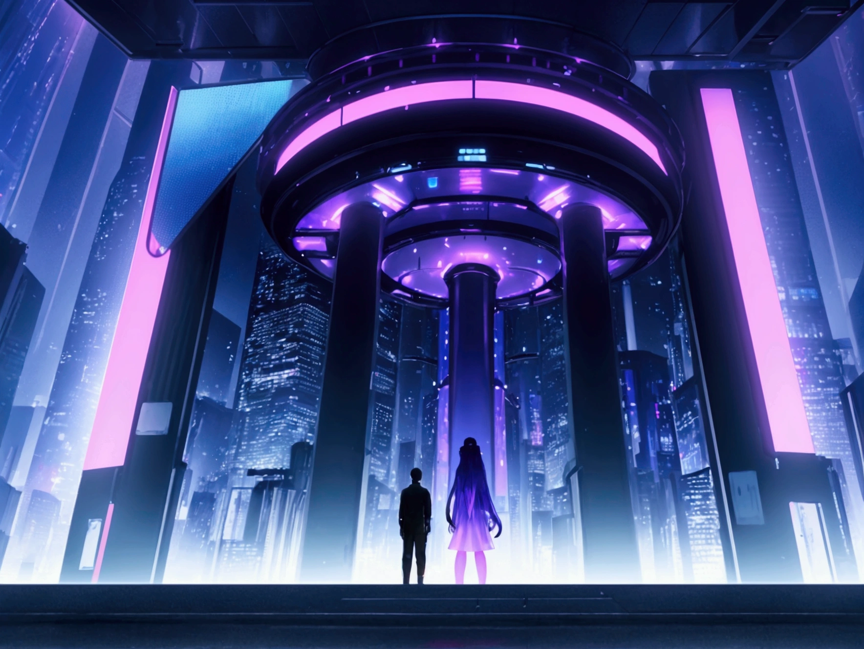 Create a header image for a website that blends AI and the metaverse. The image should depict a futuristic cityscape with neon lights in blue and purple hues. In the foreground, a digital human, representing AI, stands prominently. The background should be filled with holograms and digital effects, conveying a sense of a vibrant and immersive digital world.