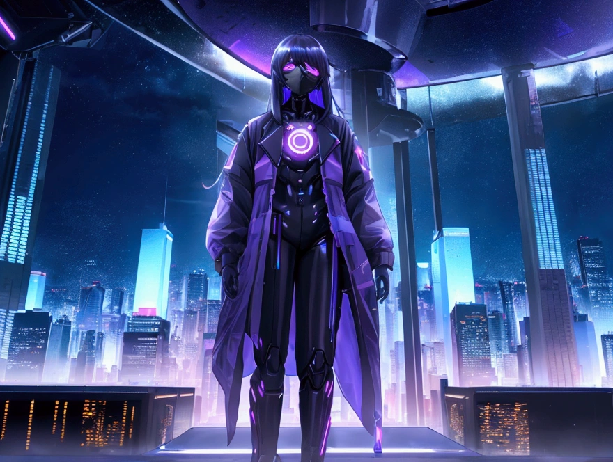 Create a header image for a website that blends AI and the metaverse. The image should depict a futuristic cityscape with neon lights in blue and purple hues. In the foreground, a digital human, representing AI, stands prominently. The background should be filled with holograms and digital effects, conveying a sense of a vibrant and immersive digital world.
