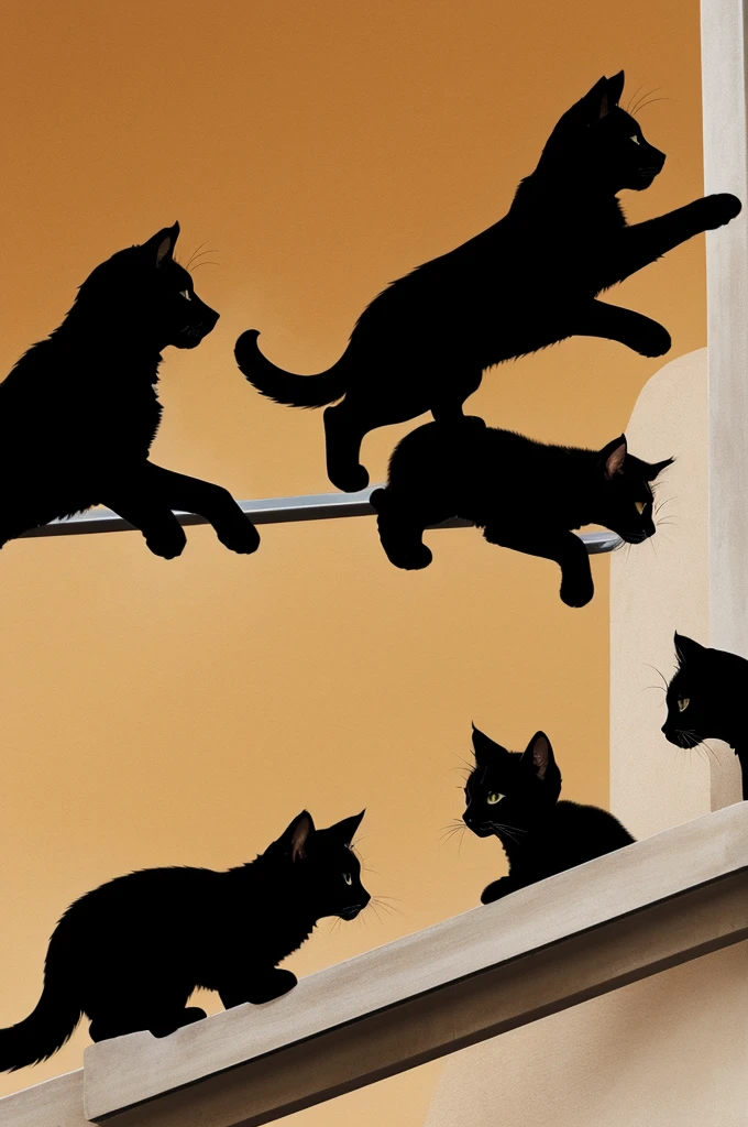 There are three kittens (a balcony, another black and another of spots), who are fighting, raising a cloud of dust. In the background is the silhouette of a large dog. In a cartoon or drawing style