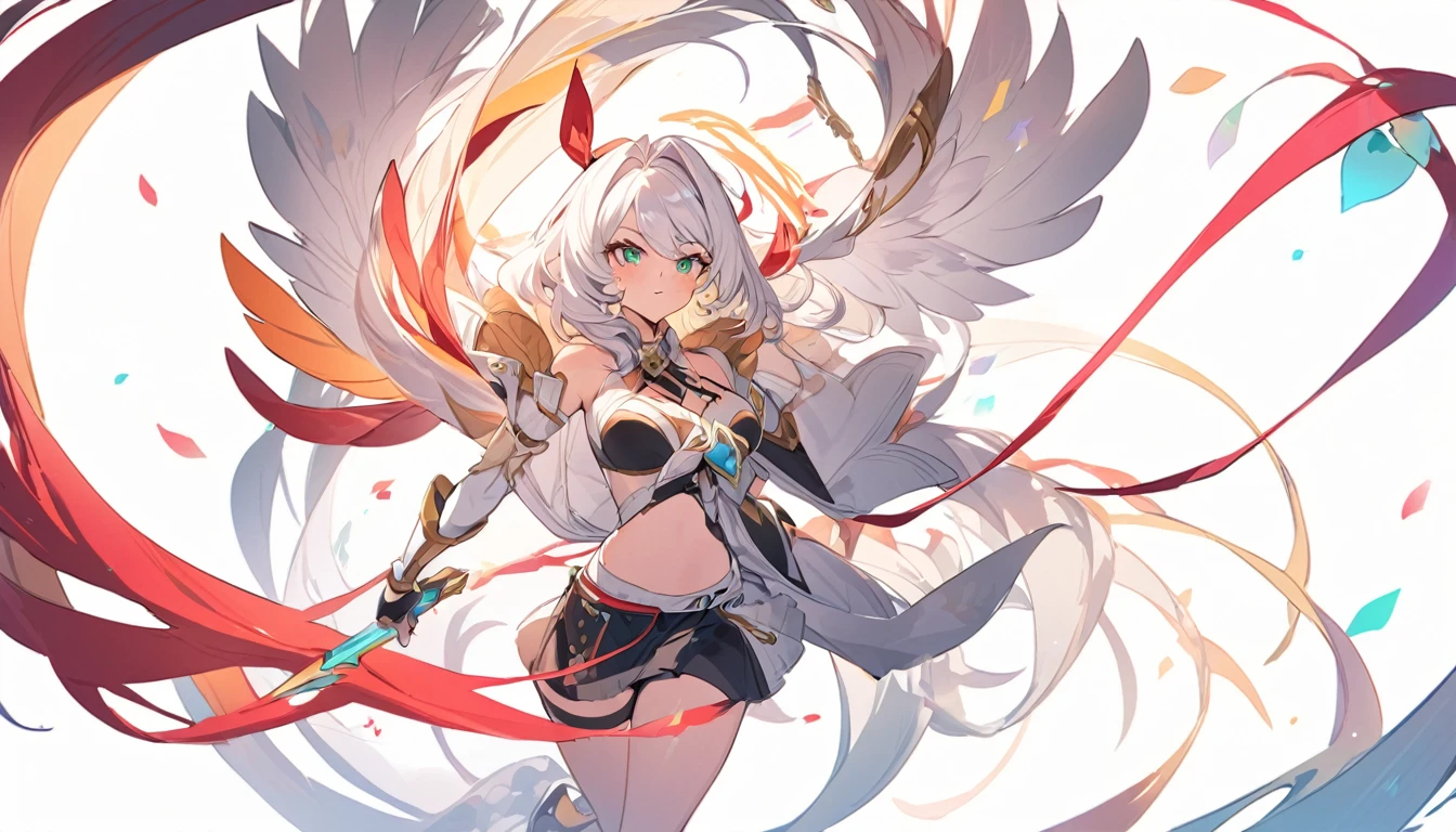 style of league of legends,Woman in off-the-shoulder outfit,Flying life-size colorful long hair,serious expressions,Complicated costumes,The clothes are engraved with beautiful patterns,Reveal white thighs,Wear white tights,The long skirt sways in the wind,Fight in blood