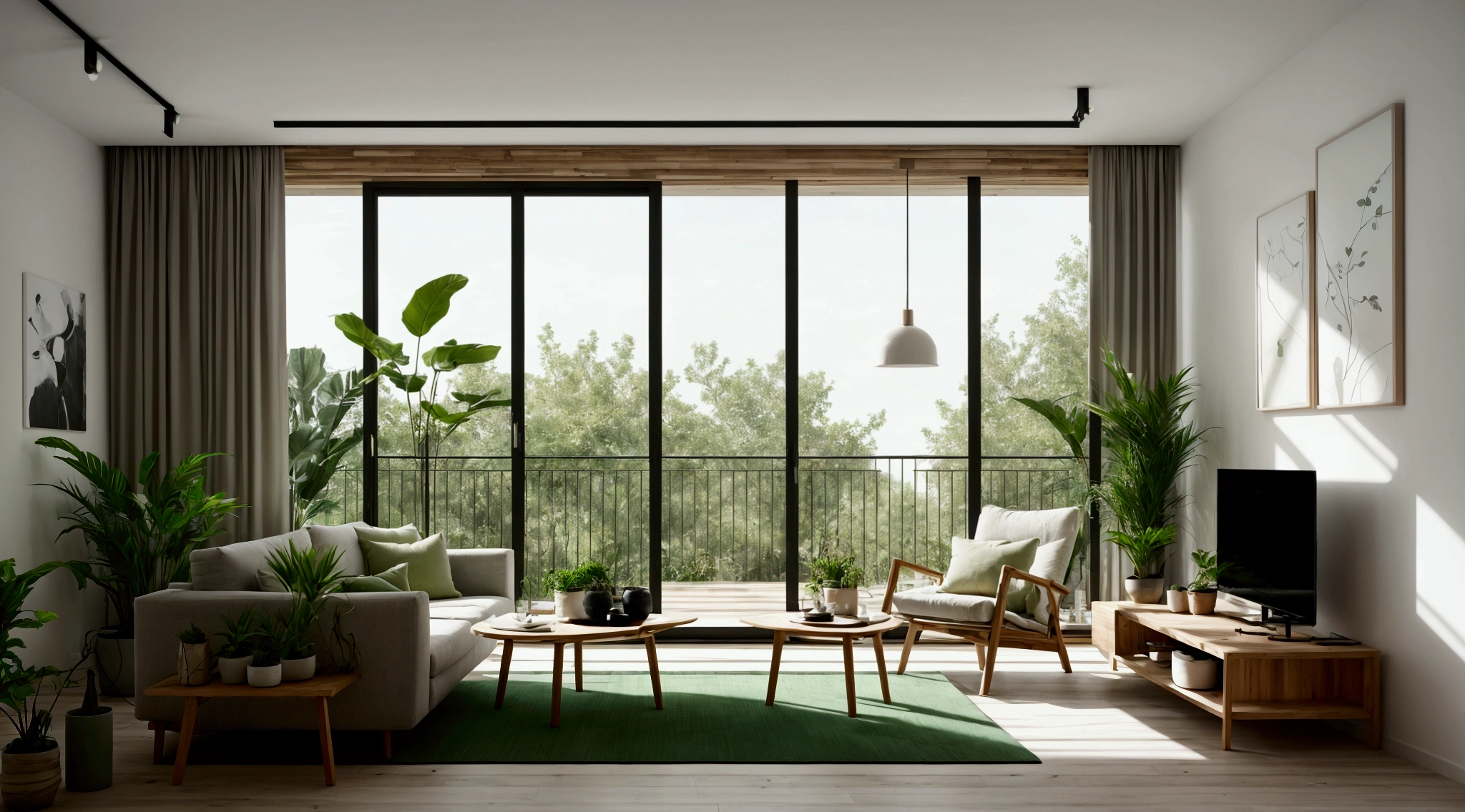 "modern apartment interior, minimalistic furniture, large windows, natural light, indoor plants, fresh atmosphere, natural materials, wood, stone, neutral color palette, green accents, tranquil, inviting, harmony with nature"