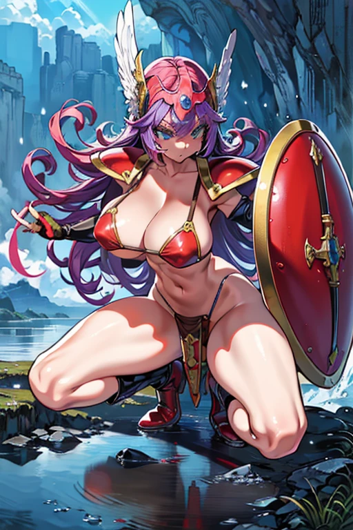 Incrs Nikke Profile, holding weapon, Have a weapon, Possession of a gun,
one knee, squat,
full body, zoom layer,
soldier(dq3), bikini armor, winged helmet, red armor,dq3,Woman warrior,
((Highest quality)), ((masterpiece)),(detailed),High resolution,Sharp focus,Perfect Face,{best illustration},(complete anatomy),
shiny 肌,very shiny 肌,Shiny body,plastic glitter 肌,exaggerated shiny 肌,illuminated 肌,curvy,
(非常にdetailed CG unity 8k wallpaper),(((Vibrant colors))),Official Art,One girl,Perfect Fingers,
Purple long hair,Curly Hair,blue eyes,Sharp Eye,Large Breasts,(Perfect body,Perfect breasts,Glamour:1.1),
An athletic body, Muscular,visible muscles,Firm Abdomen,Long legs,((Huge hips:1.2)),
Beautiful Eyes,Symmetrical eyes,Light blue eyes,
gloves,Loincloth,Red long boots,shield,Broadsword,
((Island above the clouds)(Floating:1.5)),A river that flows through the center of the island,Cascading Waterfall,Vast grassland,There's a haze in the distance,
Beyond the Clouds,reflection,Breathtakingly beautiful clouds,Dazzling Light,altostratus,Majestic Landscape,