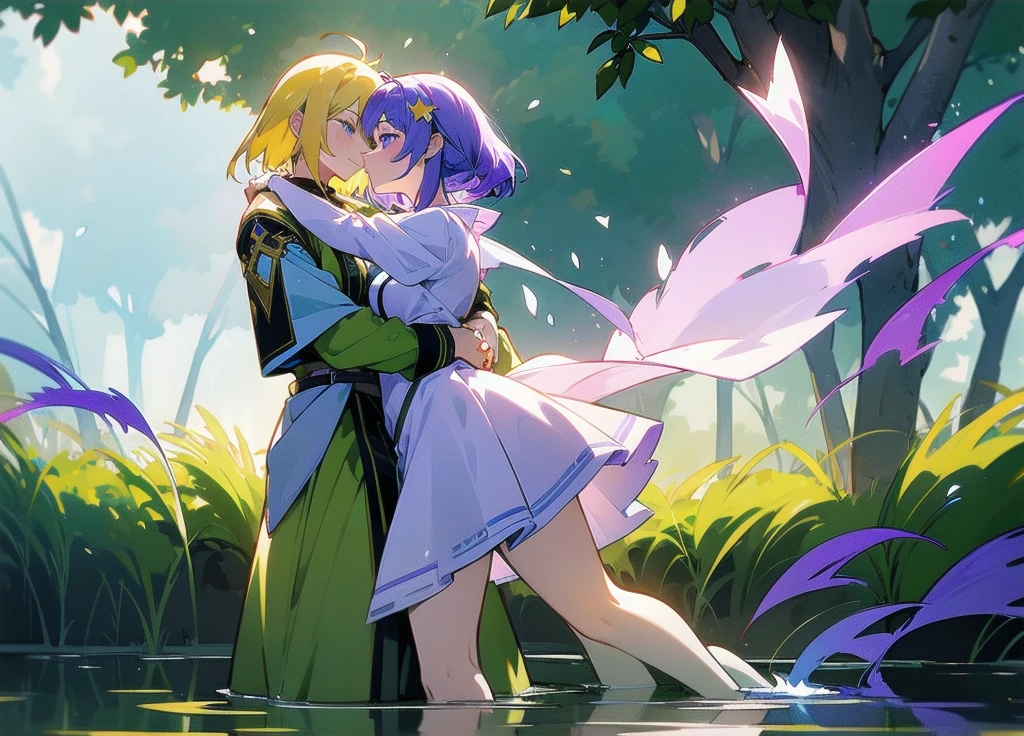 Two girls touching lips，A girl with purple hair，Transparent purple eyes，Another girl with yellow hair，Clear blue eyes，Medieval Lolita Style Clothing，Sit and hug，Look at each other affectionately，Cool，Violet，iris，Sunshine，Surrounded by greenery，Transparent stream flowing，Tyndall effect，Light up the fire，starlight：1.8，Clear shape，Detailed description of appearance：Perfect beautiful clear appearance，Normal human body，Transparent green，Light color strokes，{{{Transparent color：3.3}}}softbrush：1.8，Transparent character details，Perfect light color，suspended congress, face focus, ass grab, standing, hug, leg lock, breast press,straddling,arms around neck, lifting person