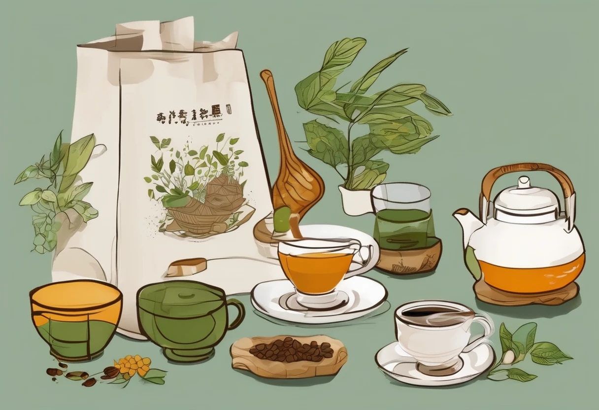 A set of tea sets for casual relaxation with illustrations,calligraphic fonts with green tones,coffee bags,paper bags,prints and accessories,with the theme of the harvest world,clean light gray background,(niji:2),hand-drawn,illustration style,