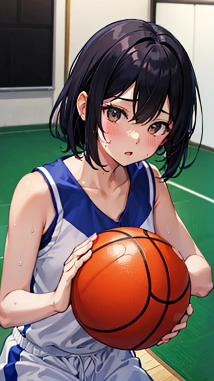 ((Highest quality)), ((masterpiece)), (detailed), One girl, basketball、（（shoot、ダンクshoot））、（One-handed dunk）、Slam Dunk、Black Hair、Shortcuts、basketballコート、indoor、gym、From above、Uplifting、（（Japanese、high school girl））Slam the ball into the goal、Sweat、飛び散るSweat、Wet、Super Jump、Jumping pretty high、