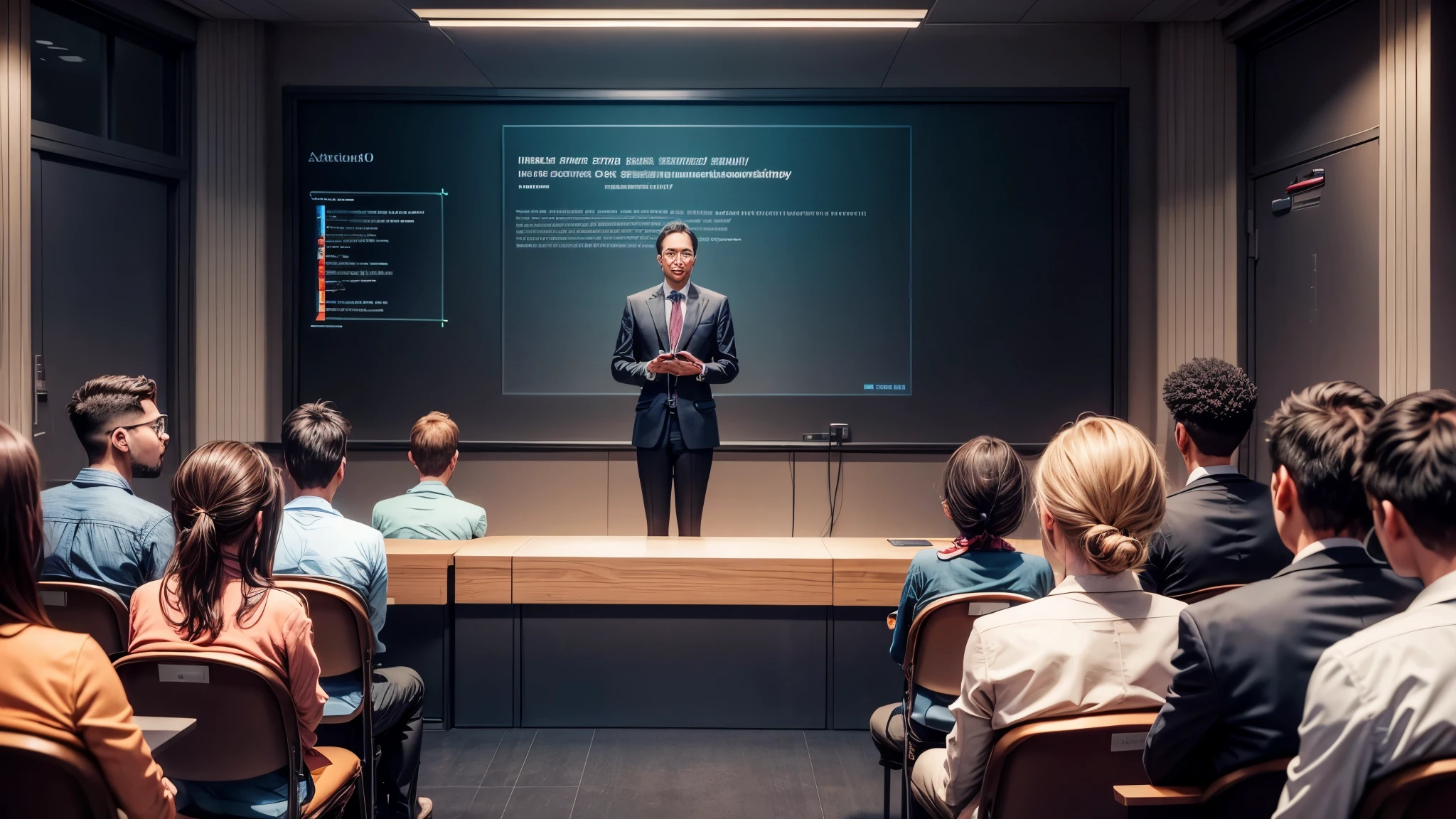 Artificial intelligence speaks on the podium like a teacher,Students listening attentively and taking notes,Big Vision