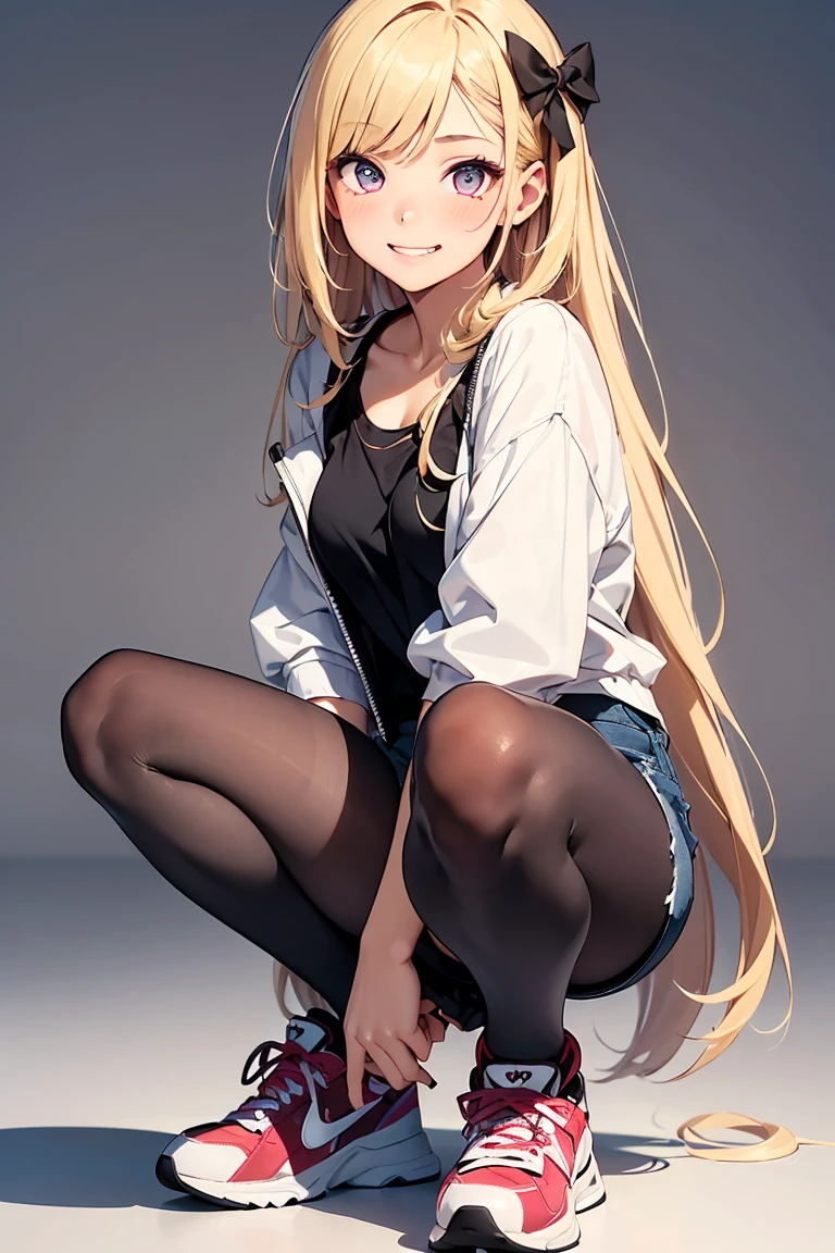 ((1 girl)), fine, Grin, Latest Fashion Trends, (Hairpins in the bangs), younger sister, sneakers, Denim shorts, Black Pantyhose, かわいいyounger sister, Full Body,((Very detailed,Highest quality, High resolution, 8k wallpaper, Beautiful clothes,)),((blonde, Long Hair,Straight hair)), blush , (Crimson Eyes),eye shadow, eyeliner,Glow Eye, Very detailedな目, Beautiful Eyes, -yeld gi Accurate anatomy