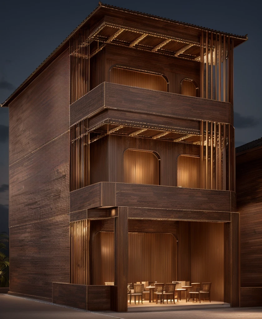 Render a 4-meter-wide, 3-story Indochine-style small townhouse situated in an urban setting. The townhouse features an elegant white facade with traditional Indochine architectural elements, including arched windows, wooden shutters, and decorative railings. The roof is designed with a two-sided slope running from front to back, similar to the style of houses in Hoi An. The exterior walls are adorned with subtle, coffee, ornate details that reflect the Indochine style. Incorporate artistic wooden louver panels on the exterior for added visual interest and architectural depth. The ground floor includes a welcoming entrance with classic wooden furniture and traditional lanterns. The street is lined with cobblestone pavement, tropical plants, and urban elements such as street lamps and parked bicycles, creating a harmonious blend of traditional and urban aesthetics. 8k resolution, UHD, high-quality detail, Indochine style, 5-meter-wide facade, 3-story, white exterior, arched windows, wooden shutters, decorative railings, two-sided sloping roof, Hoi An style, classic wooden furniture, traditional lanterns, ornate details, artistic wooden louver panels, urban setting, street view, cobblestone pavement, tropical plants, street lamps, parked bicycles, harmonious blend of traditional and urban aesthetics.