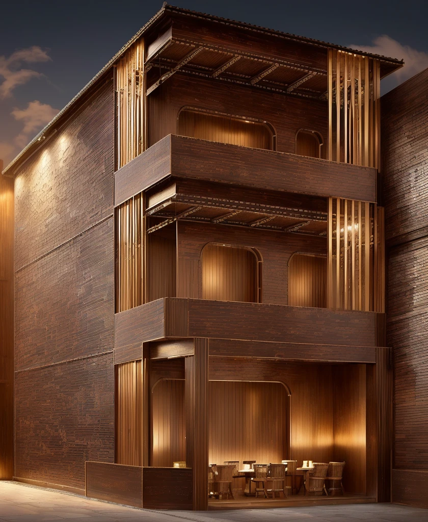 Render a 4-meter-wide, 3-story Indochine-style small townhouse situated in an urban setting. The townhouse features an elegant white facade with traditional Indochine architectural elements, including arched windows, wooden shutters, and decorative railings. The roof is designed with a two-sided slope running from front to back, similar to the style of houses in Hoi An. The exterior walls are adorned with subtle, coffee, ornate details that reflect the Indochine style. Incorporate artistic wooden louver panels on the exterior for added visual interest and architectural depth. The ground floor includes a welcoming entrance with classic wooden furniture and traditional lanterns. The street is lined with cobblestone pavement, tropical plants, and urban elements such as street lamps and parked bicycles, creating a harmonious blend of traditional and urban aesthetics. 8k resolution, UHD, high-quality detail, Indochine style, 5-meter-wide facade, 3-story, white exterior, arched windows, wooden shutters, decorative railings, two-sided sloping roof, Hoi An style, classic wooden furniture, traditional lanterns, ornate details, artistic wooden louver panels, urban setting, street view, cobblestone pavement, tropical plants, street lamps, parked bicycles, harmonious blend of traditional and urban aesthetics.