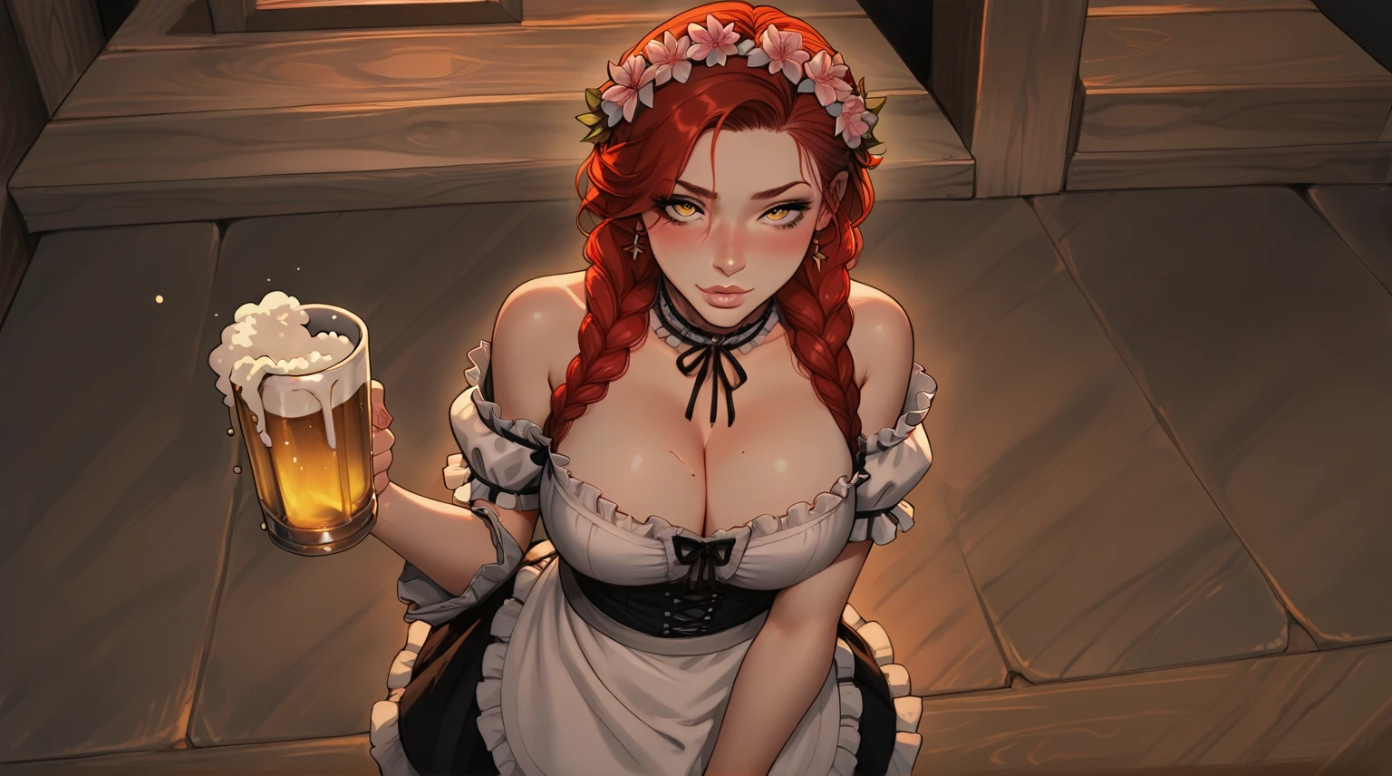 score_9, score_8_up, score_7_up, 1girl, (solo:1.1), from above, tavern wench, standing, bare shoulders, red hair, braids, large breasts, flower hair, barmaid dress, cute, beautiful eyes, blush, fishnets, sexy pose, looking at viewer, indoor, beer mugs, beer foam, expressiveh 3mpr3ss3