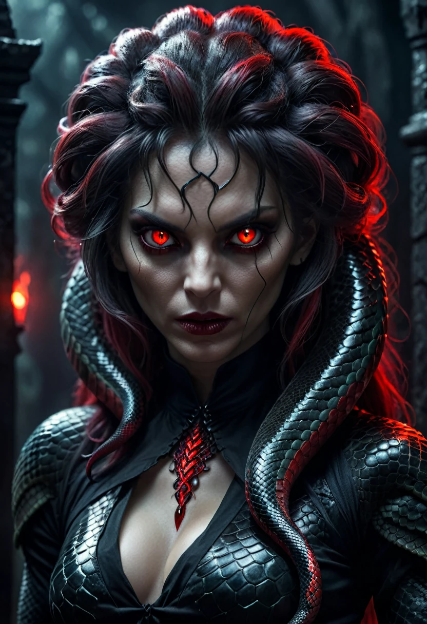 a female reptilian humanoid, glowing red eyes, cruel facial expression, snake-like hair, dark aura, ominous atmosphere, demonic presence, gothic horror, blood, best quality, 8k, highres, masterpiece, ultra-detailed, realistic, photo-realistic, HDR, UHD, extreme detail description, vivid colors, dark atmosphere