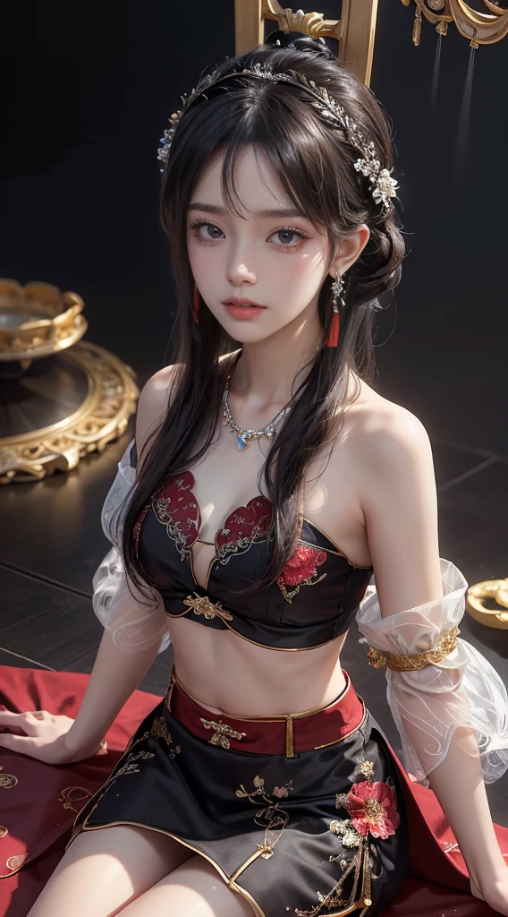 Bandeau pearl embellished dress for women with red diamonds, crystal diamonds,View Viewer,((())),Slim waist,(navel baring,Waist Bare), Long hair with exposed flesh, 超入微的detail,High-end Zhenyi station, Heavy rain scene, Detailed fantasy art, Stunning character art, Beautiful and exquisite character art, Beautiful gold and silver armor, Extremely detailed, Glittering diamond girl, Exquisite tiaras and jewelry,Crystal jewelry filigree, Stunning visuals, (Dynamic Stripes, light tracks:1.2), Vibrant colors,detail,8K resolution,Ultra-high resolution,A young girl, a lovely girl,short hair,Hair Bun,Lipstick,Tassel earrings,Black clear eyes,Smooth hair,clavicle,Exquisite and perfect facial features最美的大眼睛,Long eyelashes,眼睛甜美有Eye bags,Dynamic Angle,Ultimate image quality,Highest accuracy,Precise and perfect human structure,(((Antique black Hanfu,Red embroidery))),((Sitting)),Warm scene,Ultra-high resolution,超清晰中式古风带精美Hair Bun发钗的黑色飘逸长发)Bangs,(Long fluttering hair,带Hair Bun钗:1.3)),精致的clavicle,Beautiful makeup,Exquisite and perfect facial features,,Big watery eyes,Eye bags,Long eyelashes,Sweet eyes with eyeshadow,Slim waist,No hands,,Lipstick,Blush,Delicate earring earrings,Pearl Necklace