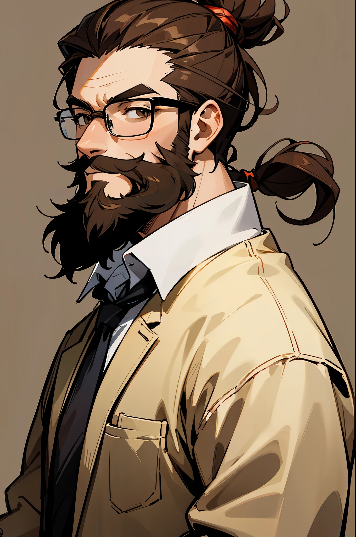 muscular, glasses, brown hair, brown beard, glasses, smirk, school office background, upper body, man bun, brown eyes, cowboy shot,
