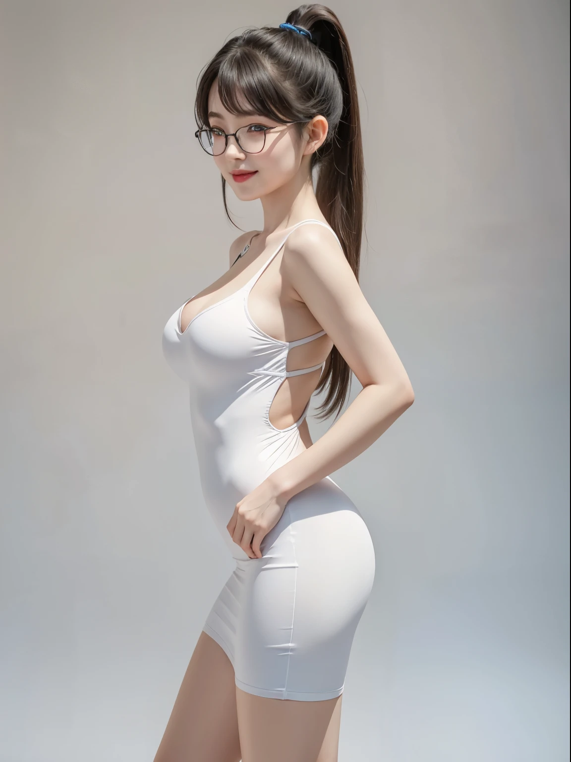 (Best quality, masterpiece, detailed), (RAW, 4k, hd images), shy, 1 girl, , white skin, long hair, ponytail, layers hair, bangs, black hair, beautiful girl, cute girl, sweet girl, pretty girl, perfect girl, pretty eyes, blue eyes, thin lips, thin, eye line, perfect round breast, glasses(detailed frame), simple background, smile, thigh, legs, bodycon dress, standing, side angle capture, half body, side breast