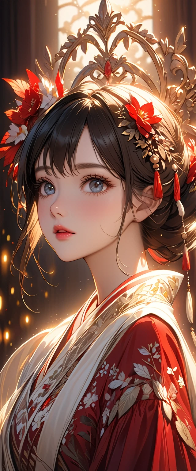 1 girl, elegant,, Exquisitely detailed face, Beautiful and detailed eyes, Beautiful and detailed lips, Very detailed目と顔, Long eyelashes, Delicate skin, Calm expression, Soft lighting, Warm tones, Intricate details, Realistic, 8k, Highest quality, masterpiece, High resolution, Very detailed, Cinema Lighting, Dramatic atmosphere、Looking Up、Crimson dress、Black Hair
