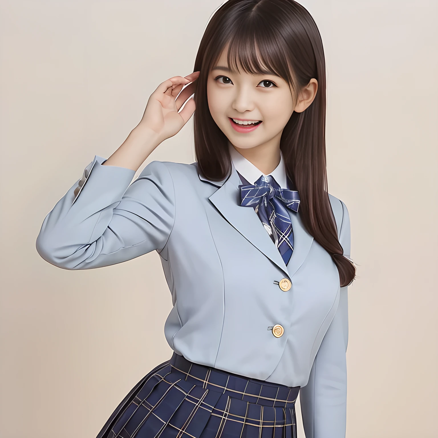 (Highest quality, masterpiece:1.2), Highest quality, High resolution, 1080P, 8k, height: 165cm, ((A noble, graceful and intelligent girl who looks like a best proportion Japanese young lady is turning around and smiling at the viewer)), ((So sweet, very noble, neat, and pretty Japanese beautiful cute girl)), ((A real, very girly, sweet, cute and noble girl)), ((((A beautiful Japanese cute fashion model)))), ((((Very pure white face and limbs)))), Glossy Lips, (Evenly cut bangs), ((Very beautiful, droopy, cute, pure, noble brown eyes)), ((Super long, black straight hair that reaches the floor)), (Very shiny, glossy Lips), ((Beautiful straight hair like a school promotion model)), Watch at you, ((Incredibly well organized, Rich facial expressions)), ((Plump and beautiful white skin and face)), ((Pure, clear, gentle brown eyes)), ((staring at me)), Glossy Lips, ((noble and elegant)), Very beautiful blue skirt, ((Large upward-curving lips)), White Hand, (((Navy Japanese school blazer with noble golden emblem))), ((Navy and sapphire blue Japanese school uniform)), ((Tartan check pattern pleated long skirt)), ((Cobalt blue string chest ribbon)), ((((An ecstatic expression of boundless joy)))), ((plain white background)), ((perfect body)), ((Promotion poster of shampoo for girls))