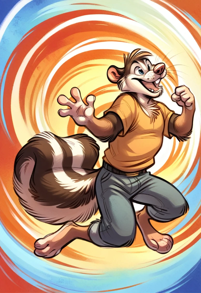 murine, murid, anthro, rodent, Skunk, solo, clothing, mammal, male, topwear, clothed, detailed background, hi res, feet, shirt, open mouth, 3 toes, jumping, midair, action pose, fur, whiskers, smile, toes, buckteeth, 4 fingers, fingers, gesture, teeth, biped, barefoot, 