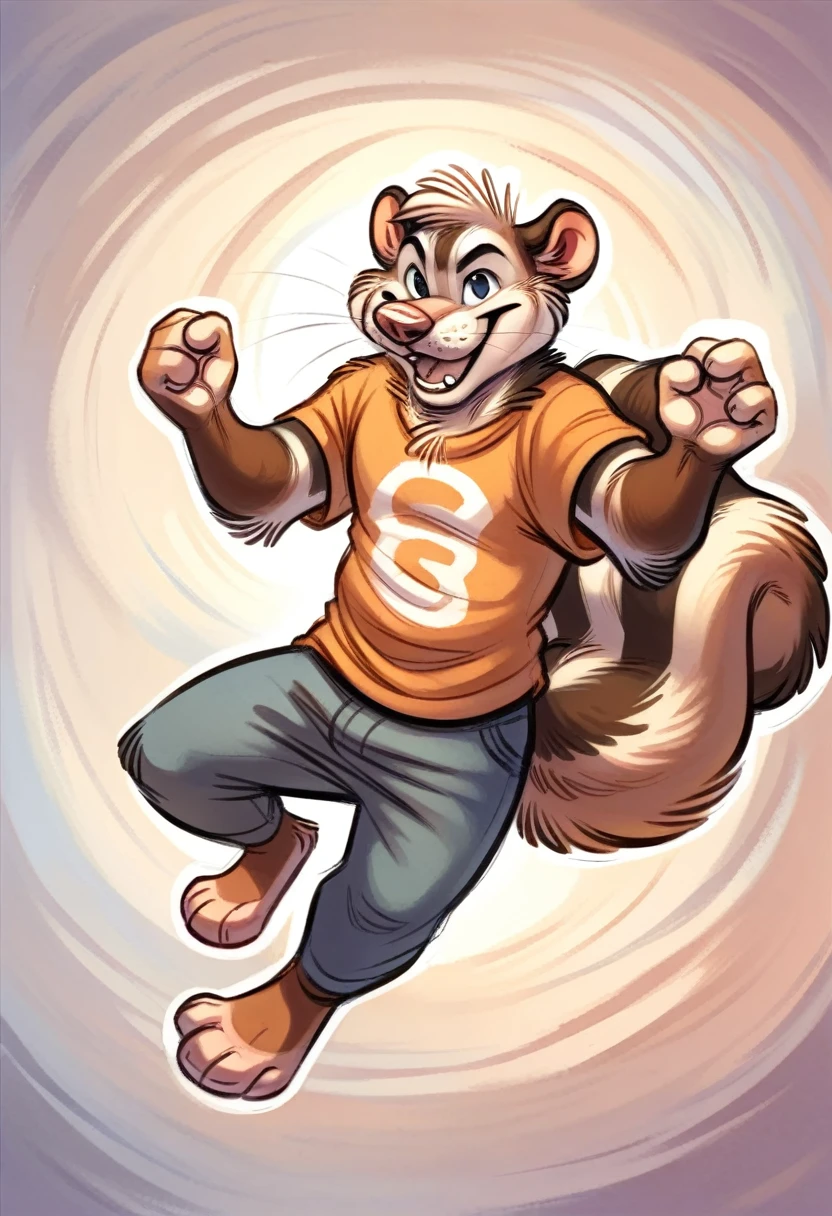 murine, murid, anthro, rodent, Skunk, solo, clothing, mammal, male, topwear, clothed, detailed background, hi res, feet, shirt, open mouth, 3 toes, jumping, midair, action pose, fur, whiskers, smile, toes, buckteeth, 4 fingers, fingers, gesture, teeth, biped, barefoot, 