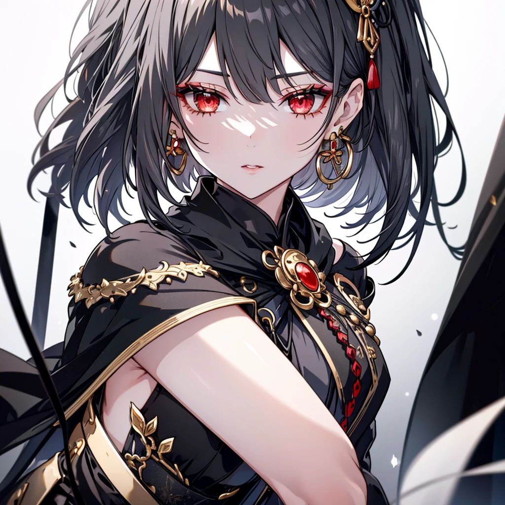 8k,High resolution RAW color art,Highest quality;1:2. Anime Art,Silver Marble Skin, (((Very detailed and cool))), Detailed skin, Bokeh、texture,(Exquisitely crafted, The finer details, Ultra-detailed art), (((1 girl))), Depth of written boundary, Silky Touch, Hyper Detail, (((Cool face))), eye shadow、Armed women, Beautiful detailed red eyes, Beautiful lip detail, Highly detailed face, Delicate depiction of hair and eyes, Detailed Fashion, Golden Earrings,Full body depiction, Black half top、Shoulder Bare、Black shorts、Waist Cloak、black tights、Golden decoration(Less), Grey Hair, Golden bracelet, Straight Hair、Short Hair、(((Hair)))、Calm background、(((Black theme)))、snow、Side view、Crouch、look up