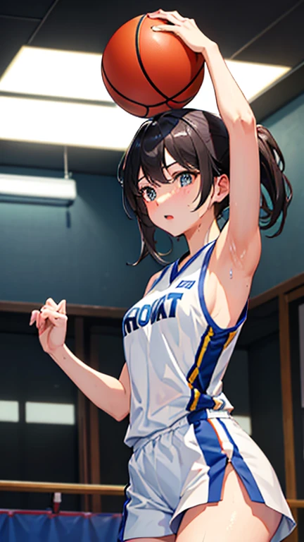 ((Highest quality)), ((masterpiece)), (detailed), One girl, basketball、（（shoot、ダンクshoot））、（One-handed dunk）、Slam Dunk、Black Hair、Shortcuts、basketballコート、indoor、gym、From above、Uplifting、（（Japanese、high school girl））Slam the ball into the goal、Sweat、飛び散るSweat、Wet、Super Jump、Jumping pretty high、