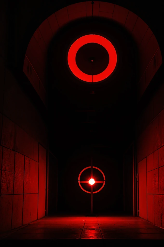 A little red light in the middle of a black circle 