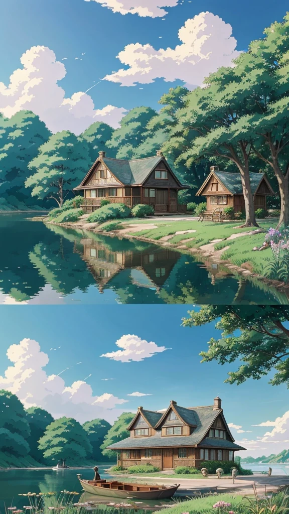 painting of a house and a boat in a lake with a tree, a digital rendering by Miyazaki, pixiv contest winner, fantastic realism, studio ghibli sky, anime countryside landscape, beautifull puffy clouds. anime, beautiful anime scene, house background, ghibli vibe, studio ghibli art style, studio ghibli artstyle, studio ghibli environment, ghibli artstyle, summer afternoon