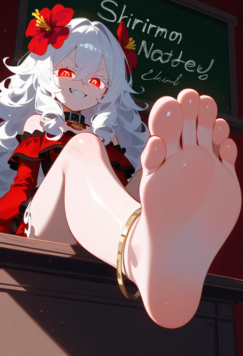 (score_9,score_8_up,score_7_up), smile, vampire, vampire teeth, masterpiece, best quality, Cinematic, Fancy effects, 1boy, Intricate details, white hair, long hair, shiny hair, shiny skin, detailed eyes, hd eyes, beautiful eyes, gothic, hair between eyes, layered clothes, yellow eyes, looking at viewer, highly detailed eyes, dramatic lighting, fluffy hair, dark magic background, shadow background, crimson background, glowing eyes, smile, happy, smug face, eyelashes, white eyelashes, hair flower, red flowers in hair, collar, barefoot, foot focus, shiny feet, nsfw, desk,sitting on desk,foot up,barefoot,soles,foot focus,from below,anklet,bare legs,chalkboard,shiny skin,pale skin, pretty feet