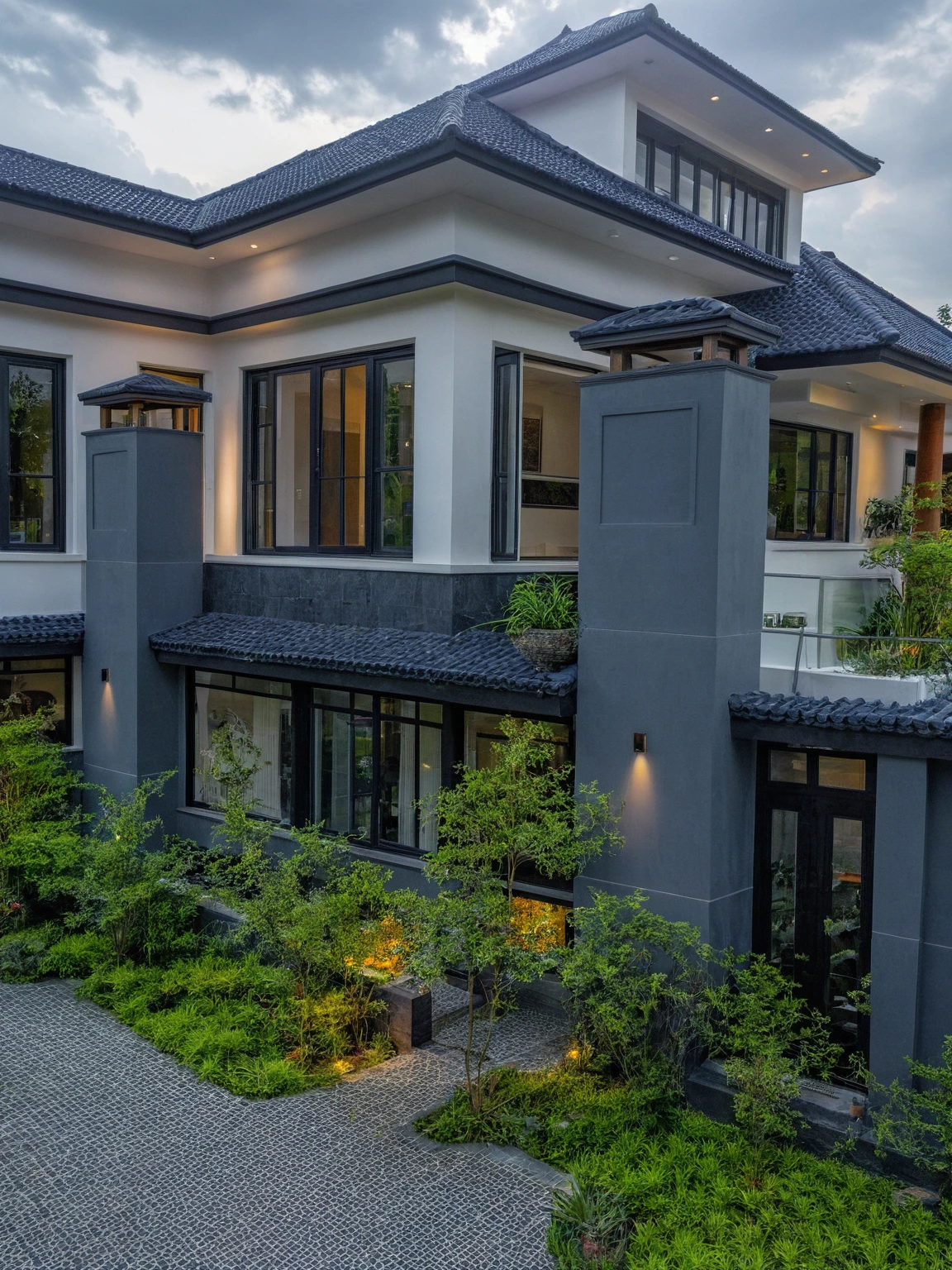 (masterpiece:1.2), best quality, photo of A two-story modern house in VietNam with white walls and dark tiles on the roof., tree and plant environment,daylight, streetcapes, natural light, vivid color, The exterior of an elegant single family home features large windows, a dark gray door frame.