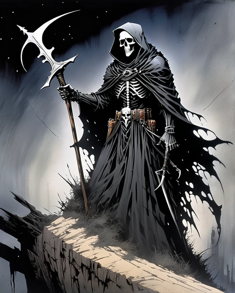 Art style by H. R. Giger, Art style by Luis Royo, Art style by Chris Foss, (Masterpiece, Top Quality, Super Detail, High Resolution, Best Illustration), Dark background, backlit grim reaper holding an hourglass