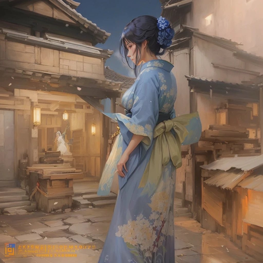 A painting of a woman in a blue kimono standing in a courtyard, artwork in the style of Gwaiz, Gwaiz on pixiv artstation, Gwaiz, Beautiful artwork illustration, Gwaiz on artstation pixiv, Painted in an anime artist's studio, artstation pixivでトレンド, Traditional Japanese concept art, In the style of Makoto Shinkai