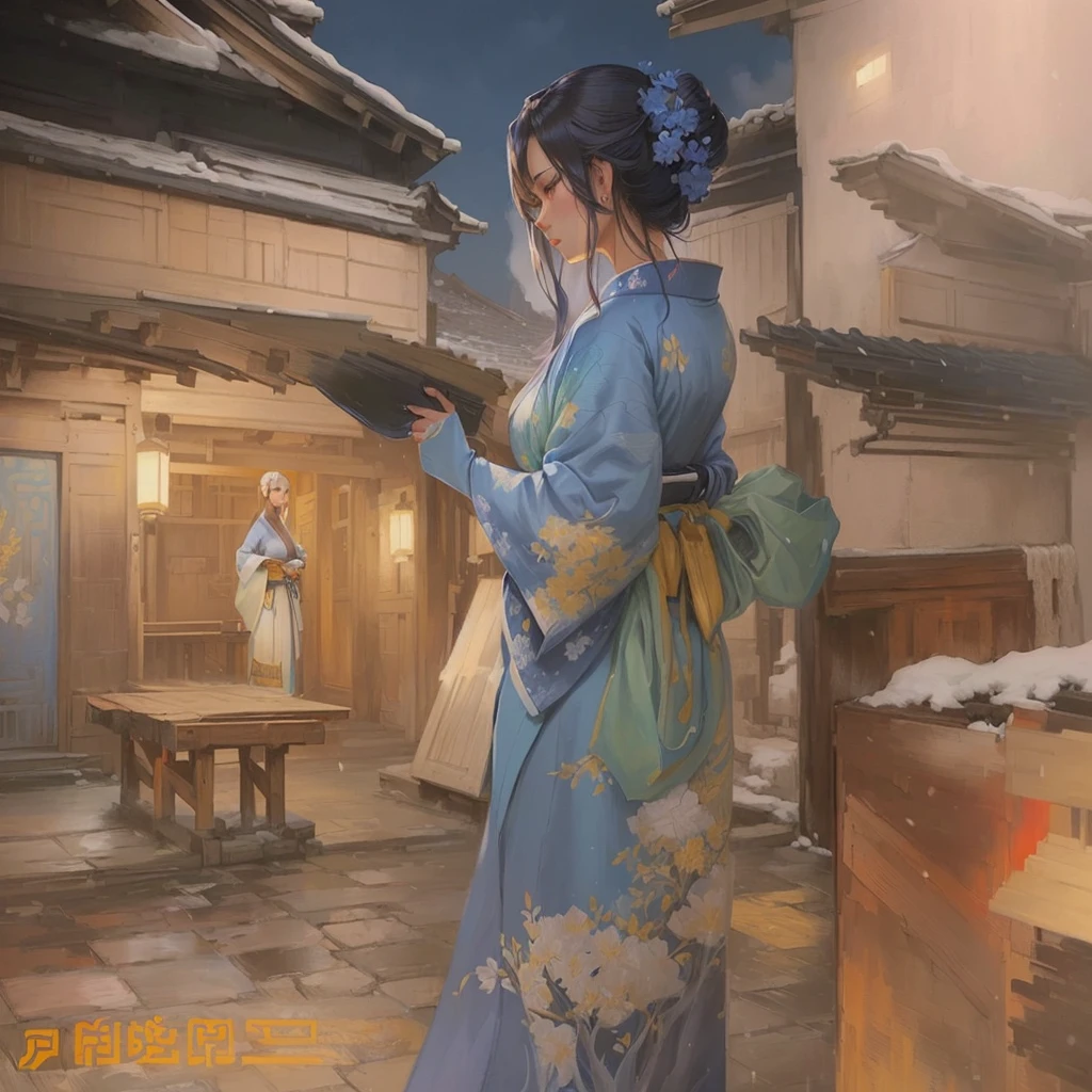 A painting of a woman in a blue kimono standing in a courtyard, artwork in the style of Gwaiz, Gwaiz on pixiv artstation, Gwaiz, Beautiful artwork illustration, Gwaiz on artstation pixiv, Painted in an anime artist's studio, artstation pixivでトレンド, Traditional Japanese concept art, In the style of Makoto Shinkai
