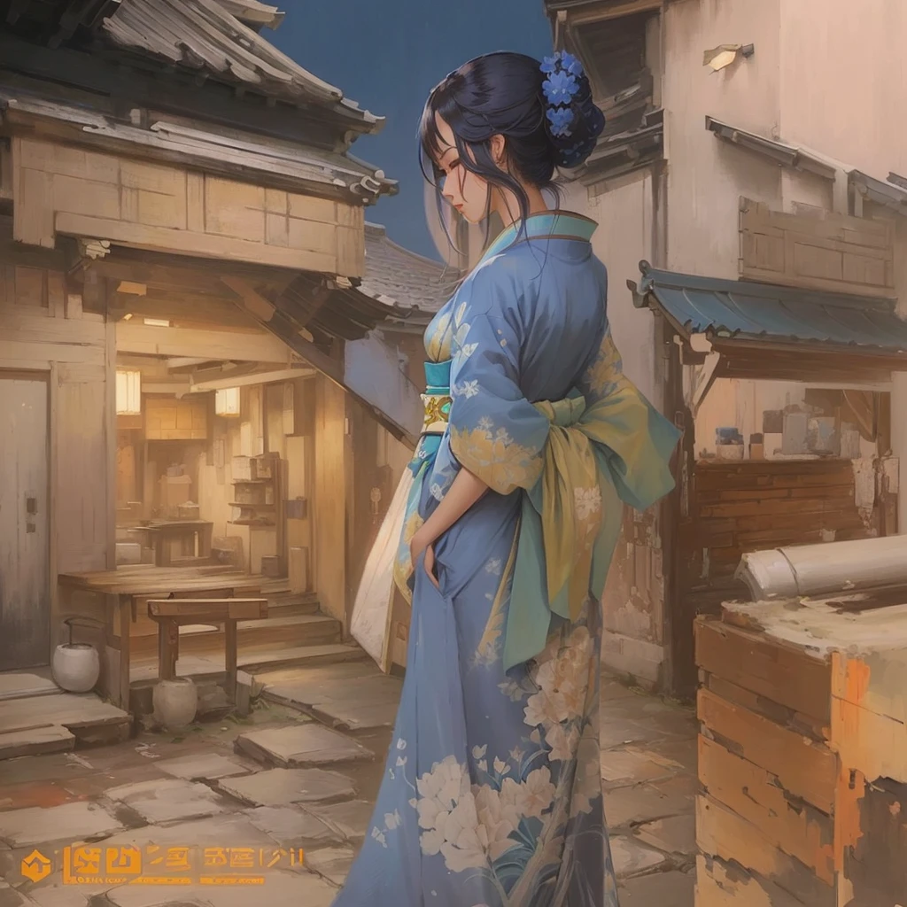 A painting of a woman in a blue kimono standing in a courtyard, artwork in the style of Gwaiz, Gwaiz on pixiv artstation, Gwaiz, Beautiful artwork illustration, Gwaiz on artstation pixiv, Painted in an anime artist's studio, artstation pixivでトレンド, Traditional Japanese concept art, In the style of Makoto Shinkai
