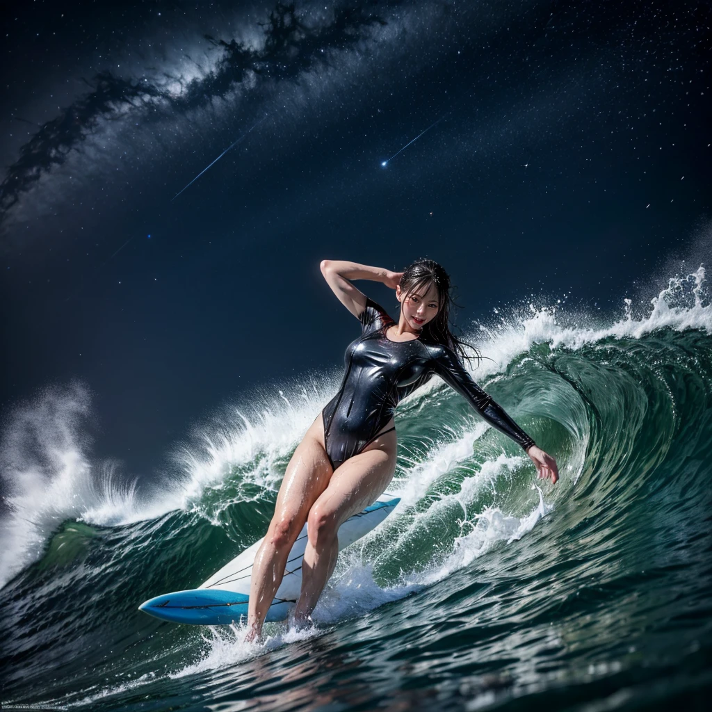(ZoomedOut:1.28, Wide-shot) ZoomLayer (Epic photo of surfer magazine:1.37). (Full of Water, Everything Wetted:1.4) WetHair (extremely detailed Cute Girl in RED)(SparklingHighlights:1.28), Dynamic Joyful Expressions LifeLike Rendering (ManoErina:1.0) . Overflowing Gigantic Sideboob (Clearly Visible Beautiful Breast to Buttocks Line) Tiny and Roundly Butt, Detailed wet clothing texture, (Sloppy Surfboard:-1.2) Riding on waves, Sparkling water, TyndallEffect(Starry Water Particles:1.32), Whole Body proportions and all limbs are anatomically accurate