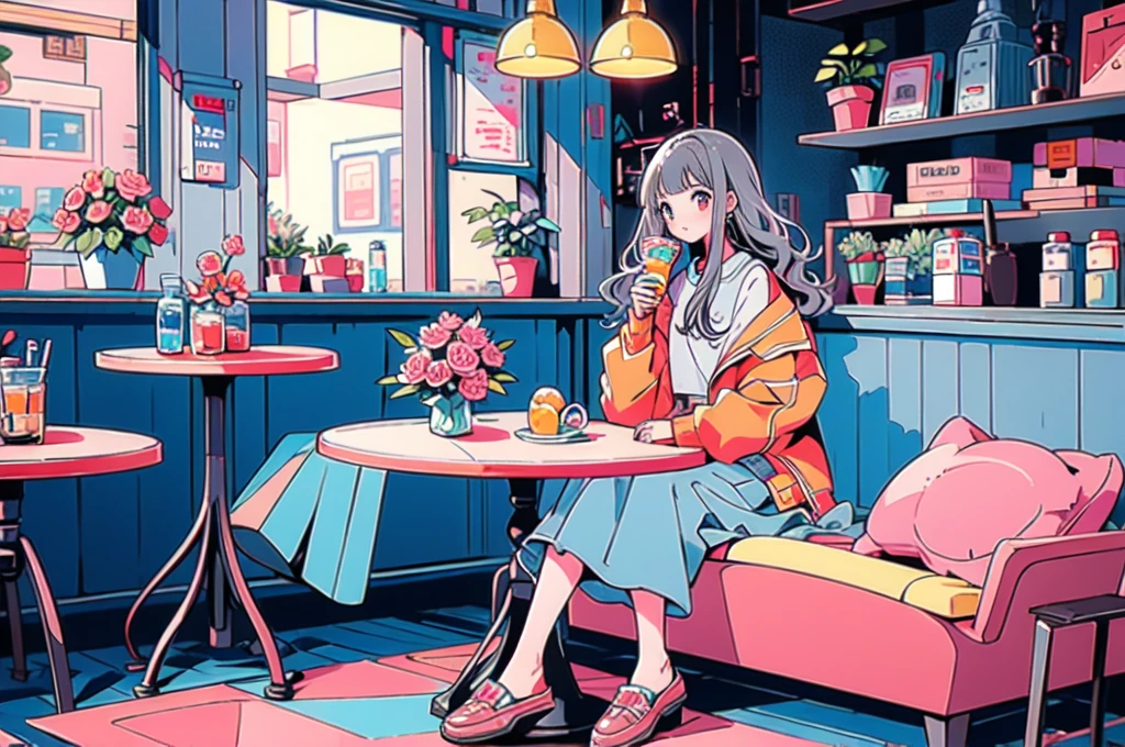 (masterpiece:1.2), best quality,PIXIV,flot,
1girl, solo, sitting, long hair, flower, chair, food, pink flower, cup, holding, long sleeves, pink skirt, rose, skirt, jacket, grey hair, table, pink rose, indoors, blush, bangs, plant, holding cup, yellow jacket, profile, coat, long skirt, vase