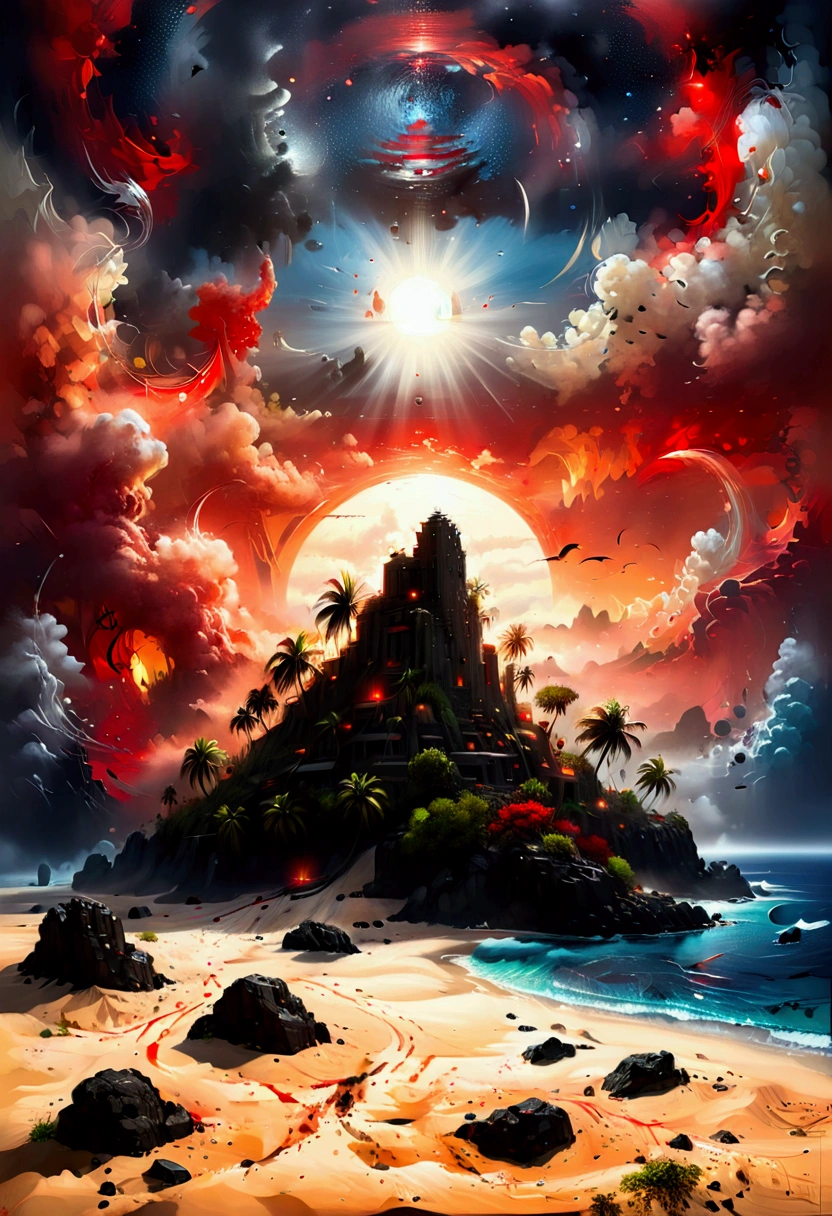 rafed, an oil painting of an island of mystery, an island of enigma, an island of secrecy, there some palm trees, white and red sand, some mist surrounds the island, it is the time between the night an day, the sun is in the horizon and some stars are still in the sky, the ruins of ancient tower are visible, veins crawling on it, dynamic angle, Ultra-high resolution, High Contrast, (masterpiece:1.5), highest quality, Best aesthetics), 16K fantasy art, best details, best quality, highres, ultra wide angle, 16k, [ultra detailed], masterpiece, best quality, (extremely detailed), 