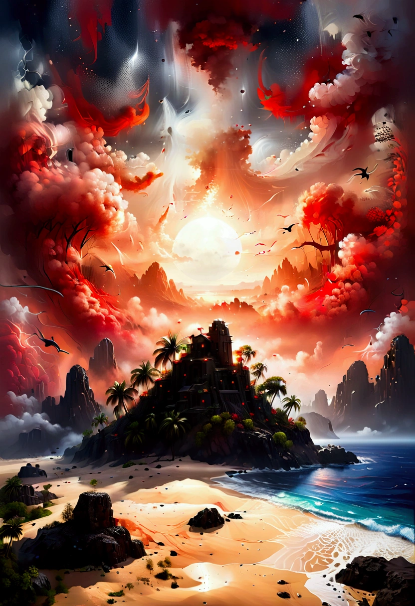 rafed, an oil painting of an island of mystery, an island of enigma, an island of secrecy, there some palm trees, white and red sand, some mist surrounds the island, it is the time between the night an day, the sun is in the horizon and some stars are still in the sky, the ruins of ancient tower are visible, veins crawling on it, dynamic angle, Ultra-high resolution, High Contrast, (masterpiece:1.5), highest quality, Best aesthetics), 16K fantasy art, best details, best quality, highres, ultra wide angle, 16k, [ultra detailed], masterpiece, best quality, (extremely detailed), 