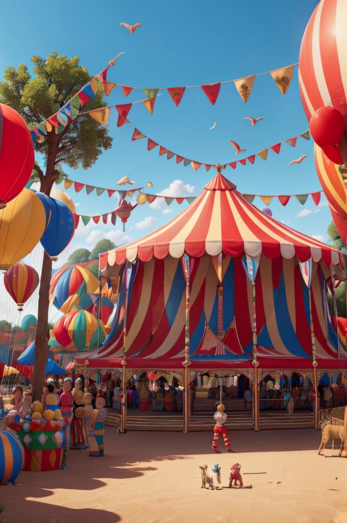 colorful circus scene, red and white circus tents, acrobats performing aerial acts, clowns entertaining the audience, elephants and lions in the background, hot air balloons floating overhead, detailed circus atmosphere, (best quality,4k,8k,highres,masterpiece:1.2),ultra-detailed,(realistic,photorealistic,photo-realistic:1.37),vibrant colors,dramatic lighting,cinematic composition