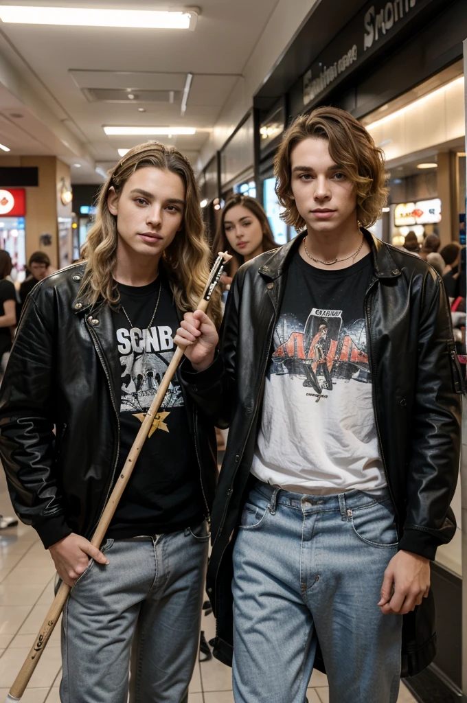 Two 23 year old human boys: 1. One who is blonde, slightly curly hair and in middlepart, of 1.84 m, with starboy style and who has an electric guitar on his back. 2. The other one will be pale black haired in wolfcut, of 1.86 m, crunge style and with drum sticks in one hand. Both boys will be in a shopping center food court handing out small business cards.