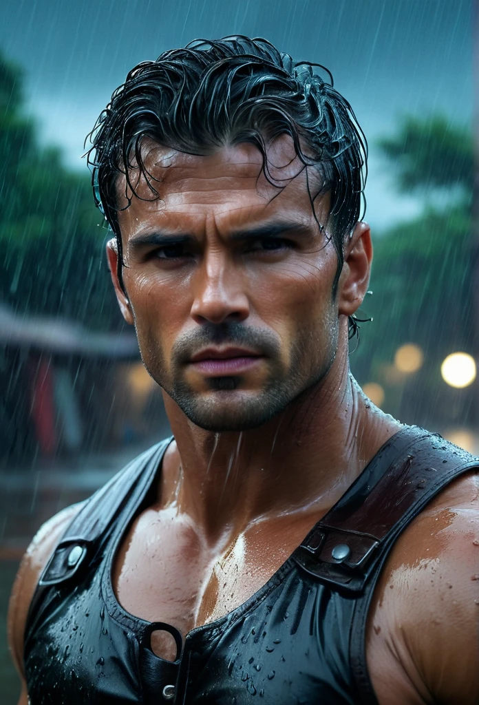 realisitic:1.3,( fotorrealisitic, 8k, RAW Photos, premium quality, Masterpiece artwork, Epic lighting. up close, Centered image), (foreground),((1 man handsome, well-formed and self-confident muscles, Post-apocalyptic, warrior, Rostro y cuerpo perfectamente detallados, (foreground), rainy scene, poor lighting due to rain,(( face and body wet from the rain:1.5)),atmospheric lighting, dynamic pose, beautiful and detailed hair, leather clothing)),  ((Imaginative scene)),((perfect, meticulously detailed.:1.3)), ((Accurate shot: 1.4)), ((best qualityer )), ((work of art)), 3d, (hyper detailled: 1.3), ((Epic setting: 1.3)), ((natta background: 1.3 ))), (((natta:1.2))), ( Fotorrealisitic: 1.4), ((frontal camera)),( (Low-light natta cinematic lighting: 1.2)). 32