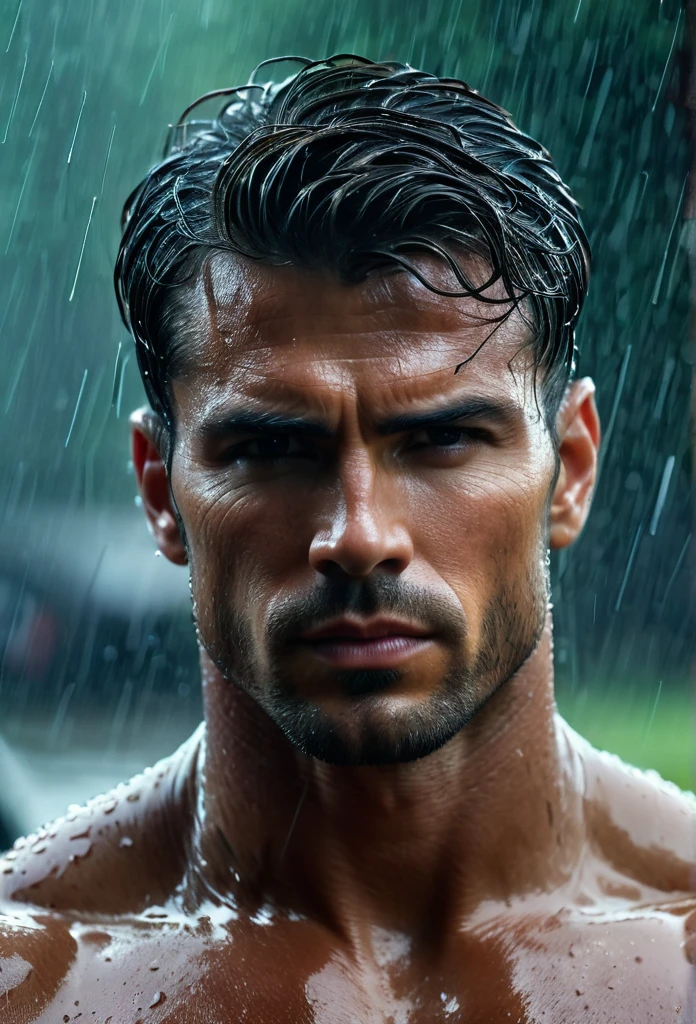 realisitic:1.3,( fotorrealisitic, 8k, RAW Photos, premium quality, Masterpiece artwork, Epic lighting. up close, Centered image), (foreground),((1 man handsome, well-formed and self-confident muscles, Post-apocalyptic, warrior, Rostro y cuerpo perfectamente detallados, (foreground), rainy scene, poor lighting due to rain,(( face and body wet from the rain:1.5)),atmospheric lighting, dynamic pose, beautiful and detailed hair, leather clothing)),  ((Imaginative scene)),((perfect, meticulously detailed.:1.3)), ((Accurate shot: 1.4)), ((best qualityer )), ((work of art)), 3d, (hyper detailled: 1.3), ((Epic setting: 1.3)), ((natta background: 1.3 ))), (((natta:1.2))), ( Fotorrealisitic: 1.4), ((frontal camera)),( (Low-light natta cinematic lighting: 1.2)). 32