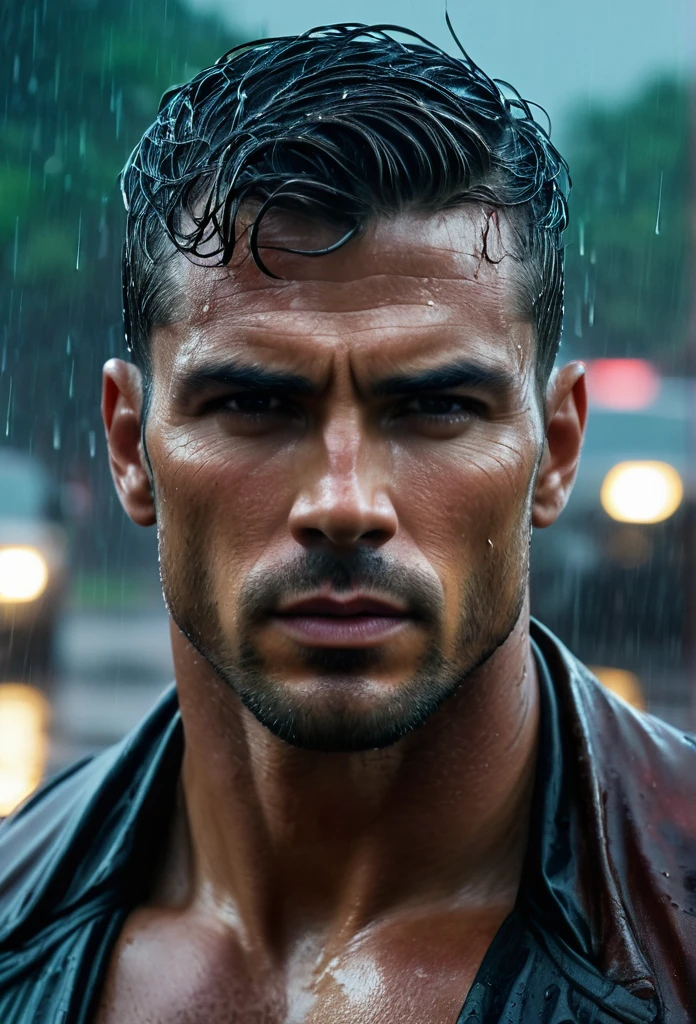 realisitic:1.3,( fotorrealisitic, 8k, RAW Photos, premium quality, Masterpiece artwork, Epic lighting. up close, Centered image), (foreground),((1 man handsome, well-formed and self-confident muscles, Post-apocalyptic, warrior, Rostro y cuerpo perfectamente detallados, (foreground), rainy scene, poor lighting due to rain,(( face and body wet from the rain:1.5)),atmospheric lighting, dynamic pose, beautiful and detailed hair, leather clothing)),  ((Imaginative scene)),((perfect, meticulously detailed.:1.3)), ((Accurate shot: 1.4)), ((best qualityer )), ((work of art)), 3d, (hyper detailled: 1.3), ((Epic setting: 1.3)), ((natta background: 1.3 ))), (((natta:1.2))), ( Fotorrealisitic: 1.4), ((frontal camera)),( (Low-light natta cinematic lighting: 1.2)). 32