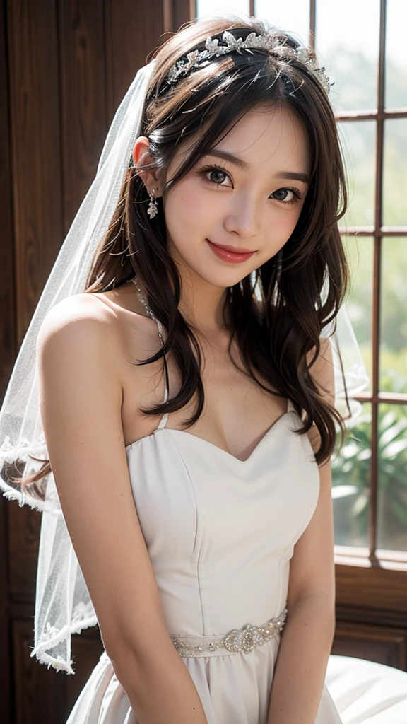 white dress, wedding dress, smile(1.1), looking foward, blush(2), looking at viewer, kissing,embrassed, cute face, yandere